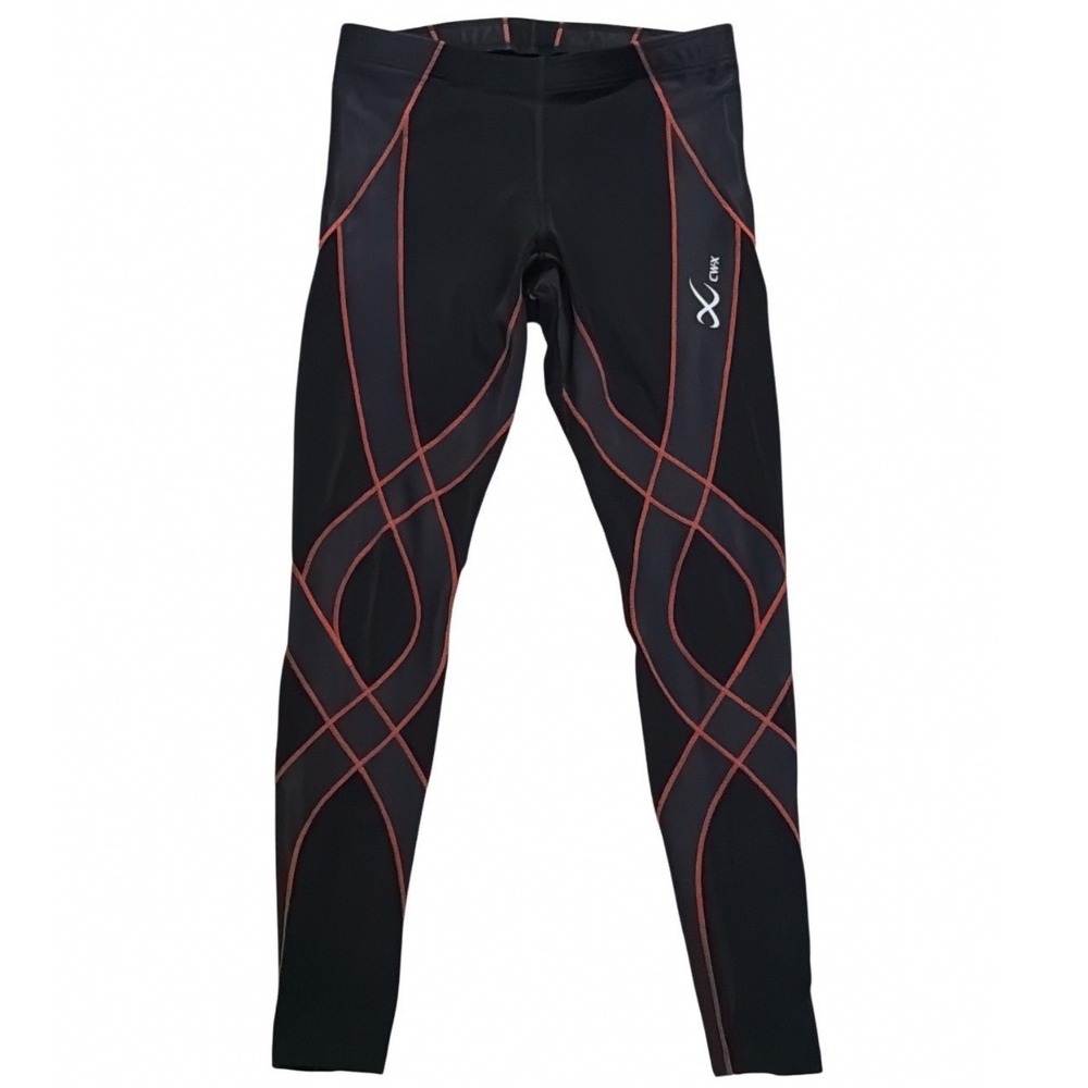 CW-X Stabilyx Women Sm Black Orange Striped Compression Running Tights Leggings